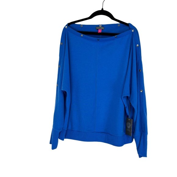 NWT Vince Camuto Button Up Shoulder Blue Boat Neck Neck SZ S - Picture 2 of 8
